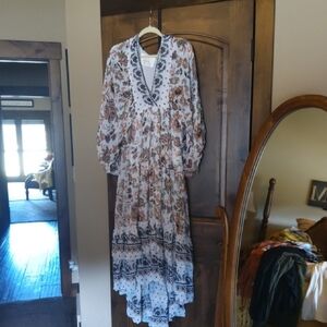 Anthropologie White Maxi Dress with Brown & Black Floral Print